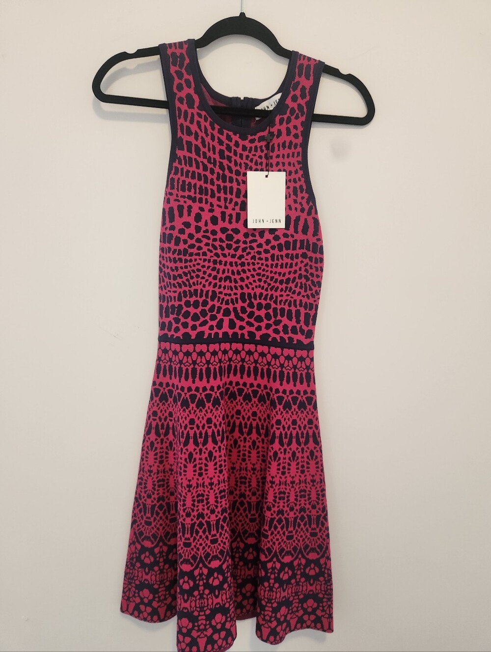 John + Jenn Pink and Navy 8Patterned Fit-and-Flare Dress
